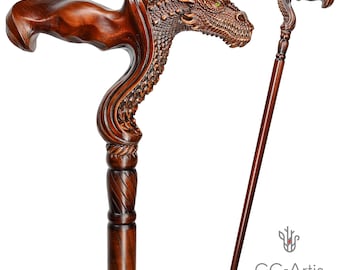 Dragon Cane wooden walking stick - ergonomic palm grip handle, wood carved fantasy walking cane for men women, comfortable best gift idea