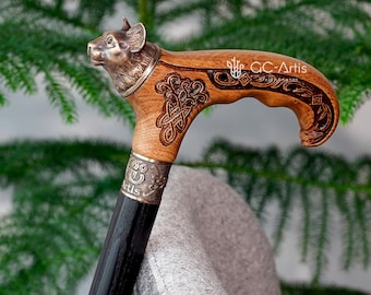Bronze Cat Head Walking Cane – Celtic Ornament, Handmade Oak Wood Stick