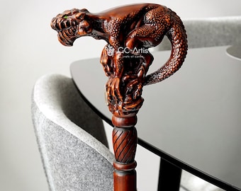 Swamp monster wooden walking stick cane - Collectible hand carved walking cane for man woman crafted goth style horror style