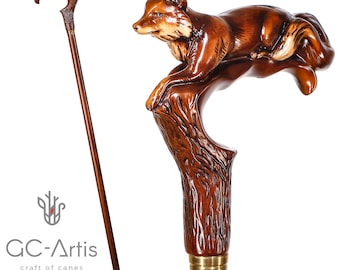 Elegant Wooden Walking Cane Stick - Fox, Cool Wood carved cane for women, ladies stylish gift for her comfortable walking stick
