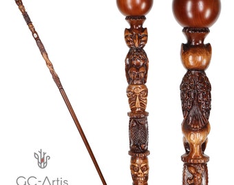 OWL & Skull Walking Cane Hiking Stick Staff Trekking Pole - Totem Style Extra long Wooden Walking stick hand carved crafted - 56 inches