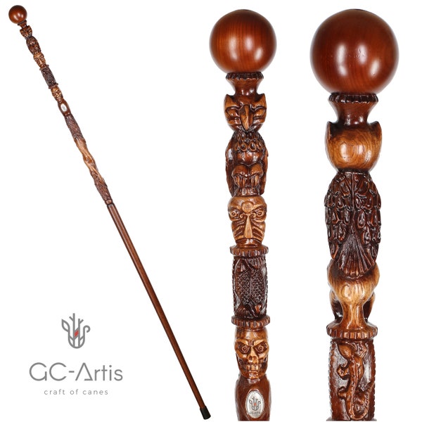 OWL & Skull Walking Cane Hiking Stick Staff Trekking Pole - Totem Style Extra long Wooden Walking stick hand carved crafted - 56 inches