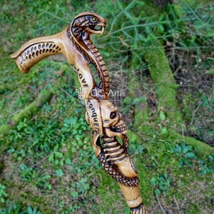 Full view of the snake-skull walking cane placed vertically against forest greenery. Carved wooden shaft shows serpent winding around a human skull motif. GC-Artis cane offers craftsmanship, style, and reliable walking support.