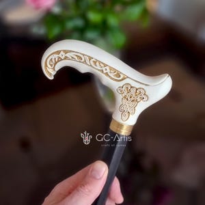 Wooden Cane Walking Stick with Celtic Ornament - Wood Carved Cane White Comfortable handle & black shaft for man woman, all age people