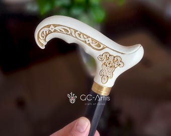 Wooden Cane Walking Stick with Celtic Ornament - Wood Carved Comfortable handle & black shaft - for man woman