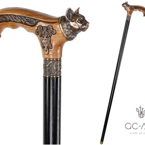 Kitty Bronze & Wood Walking Cane Stick - light wooden handle with elegant Brass Cat head Celtic ornament - black wooden shaft - for women