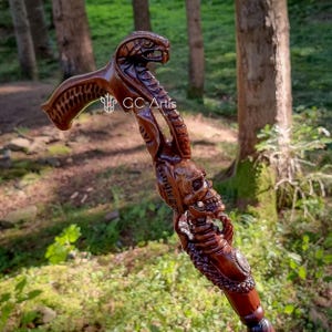 COBRA Snake with SKULL Cane walking stick Dark wooden - hand carved crafted Engraved walking stick handle Art wood carved cane for men