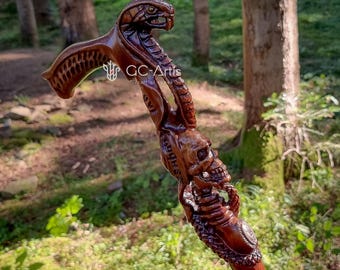 COBRA Snake with SKULL Cane walking stick Dark wooden - hand carved crafted Engraved walking stick handle Art wood carved cane for men