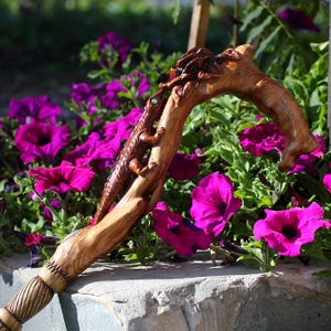 Outdoor photo of the Floral Lizard cane standing near blooming pink flowers. The carved lizard curves around the handle, meeting bright floral elements that catch sunlight. The mix of natural blossoms and the artist’s carved counterparts creates a striking thematic link, showing the cane as decorative, expressive and rooted in nature.