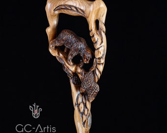 Light Wooden Cane walking Stick Bear Fishing Salmon -  hand carved crafted cane comfortable handle gift for him men, all ages aged