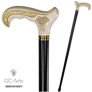 Wooden Cane Walking Stick with Celtic Ornament - Wood Carved Cane White Comfortable handle & black shaft for man woman old elderly people