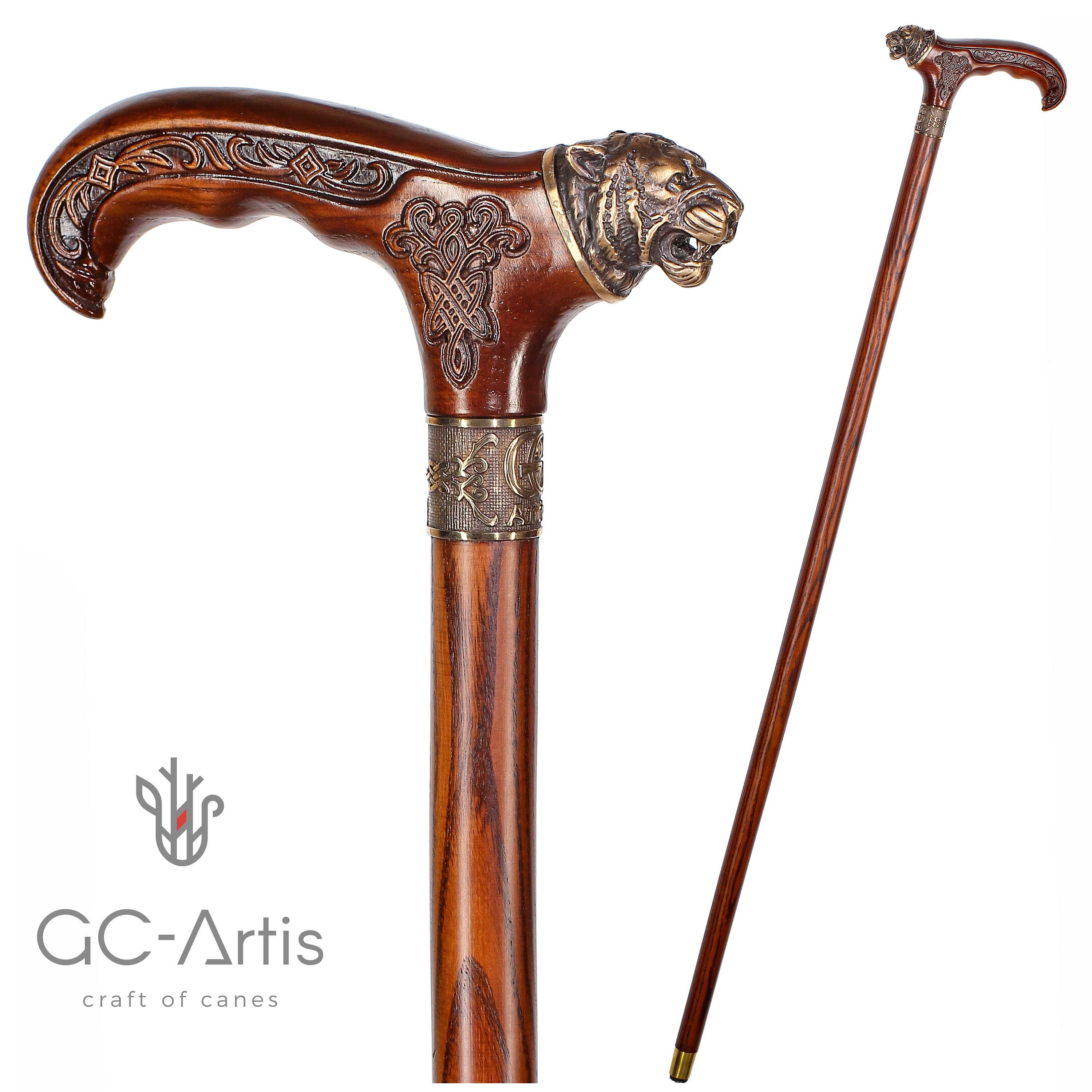 Tiger Walking Cane Wood & Bronze Stylish Walking Stick With Metal Brass on  Wooden Handle and Shaft Cane for Man Woman Gentleman 