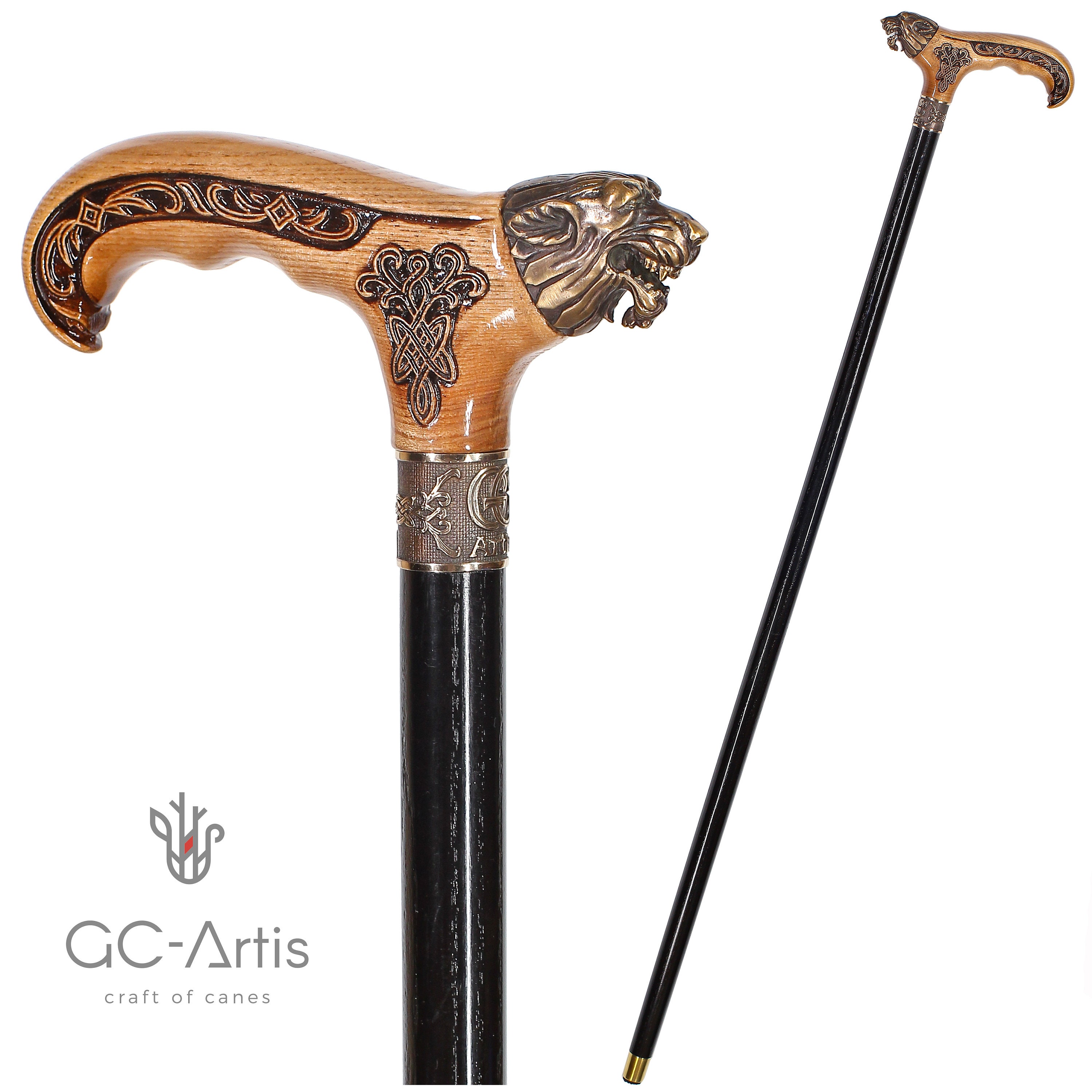 Wolf Bronze & Wood Walking Cane Stick Wooden Hand Carved Handle Animal Head  With Celtic Ornament Black Wooden Shaft for Men Women -  Israel