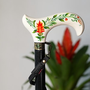 Bastón pintado a mano - Bastón de madera blanca - Flor de Aechmea con mango clásico estilo Derby imagen 1