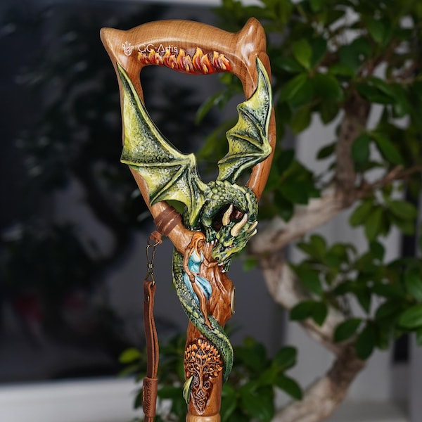 Hand Carved Oak Walking Cane – Celtic Dragon, Tree of Life Design