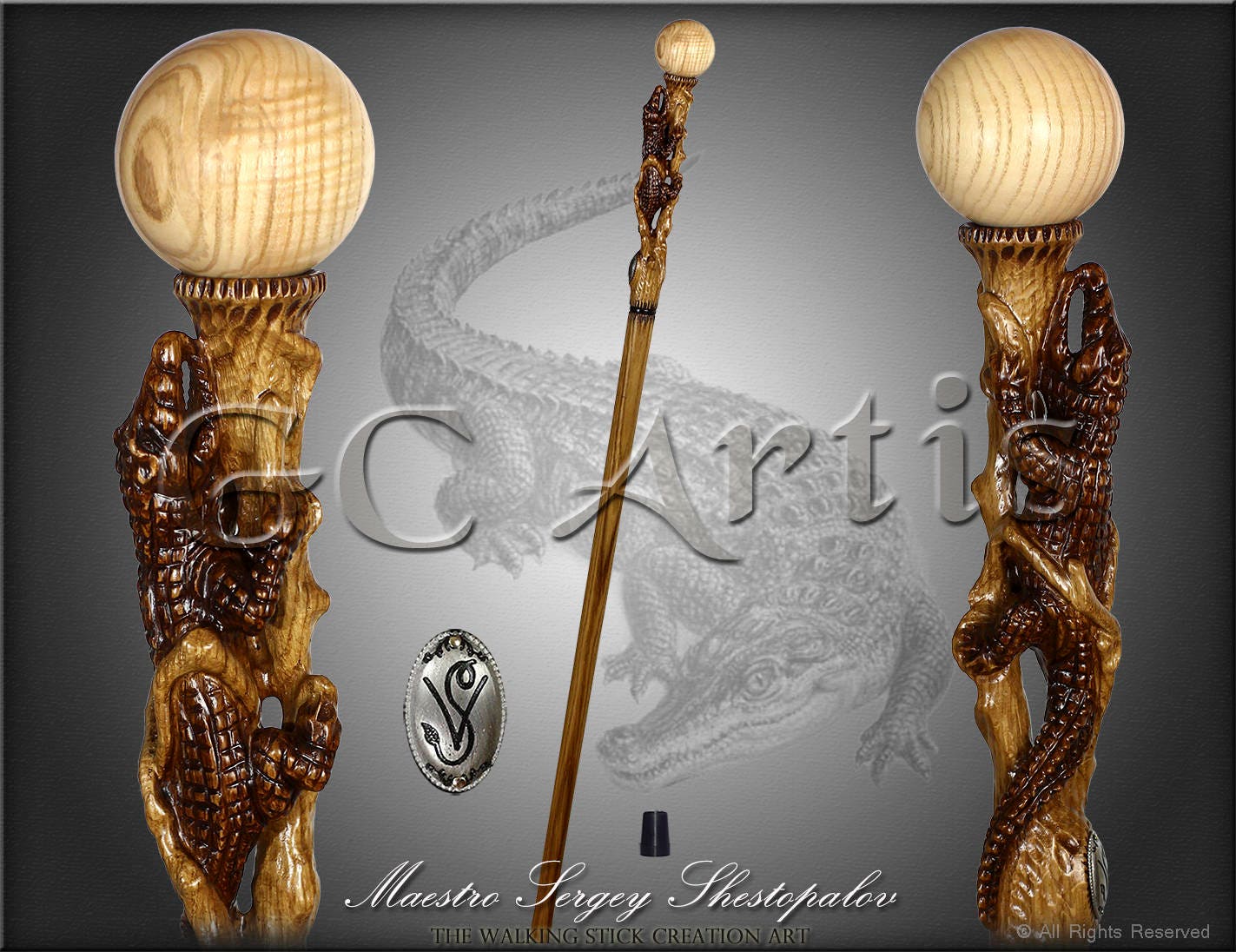 New Wood Crocodile Hand Carved Walking Cane Hiking Stick Staff Wooden Top  Knob