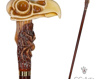Collectible Walking Stick Cane Eagle Skull with Stylish Art Stone Handle, wooden shaft Walking Cane with skull & spider for man women