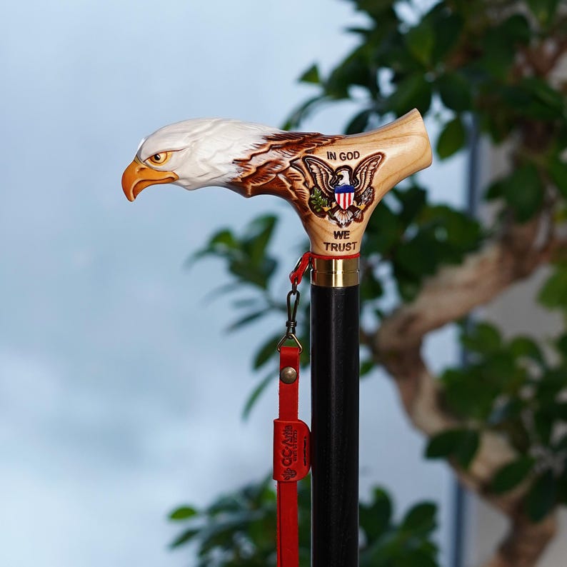 Wooden Walking Stick Cane with Bald Eagle - US Patriots, Veteran & Military Gift image 2