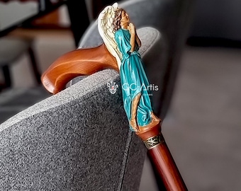 Winged Angel CANE Wooden Walking Stick Cane Crafted Carved light gift for ladies comfortable handle Stylish Pretty art wood