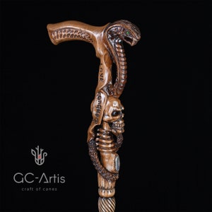 Cane on black background, photographed at an angle to highlight carved serpent wrapping around shaft. GC-Artis emphasizes craftsmanship, texture, and artistic form.