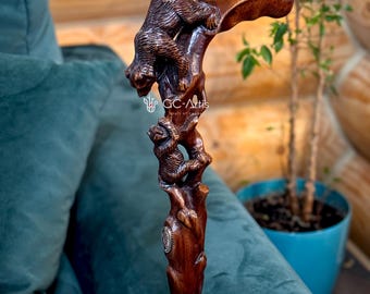 Hand geschnitzte Mutter Bär Gehstock - Dunkles Holz Wanderstock