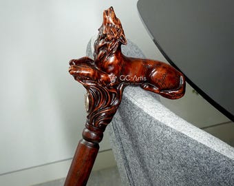 Wooden Cane Walking Stick Howling Wolf - Animal Wood Carved Walking Cane handle, best gift for man woman, unisex, all age people