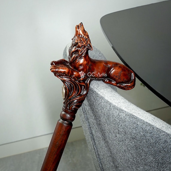 Wooden Cane Walking Stick Howling Wolf - Animal Wood Carved Walking Cane handle, best gift for man woman, unisex, all age people