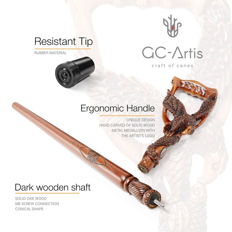 May include: A wooden walking stick with a detailed eagle carving on the handle. The handle is designed for a comfortable grip. The shaft is made of solid oak wood and has a rubber tip. The text "GC-Artis craft of canes" is visible on the image.