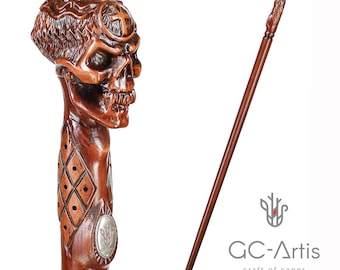EGYPTIAN SKULL Wooden Walking Stick Cane with Ankh Cross - Walking Hiking Stick Knob handle hand wood carved crafted for man woman