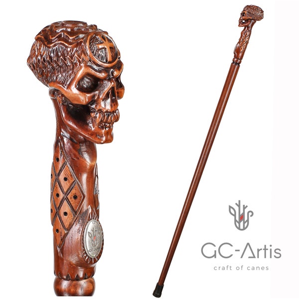 EGYPTIAN SKULL Wooden Walking Stick Cane with Ankh Cross - Walking Hiking Stick Knob handle hand wood carved crafted for man woman