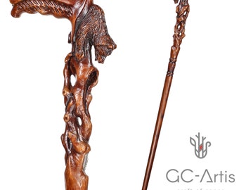 Awakening Bear Wooden Cane Walking Stick - wood crafted Hiking Staff, hand carved walking cane for man woman old elderly