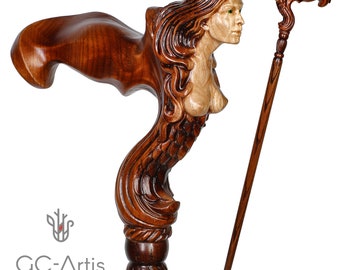 Wooden Walking cane Fantasy Syren Ergonomic Palm Grip Handle  - Ships Lady Girl Figure Fantasy Cane Walking Stick Wood Carved for men women