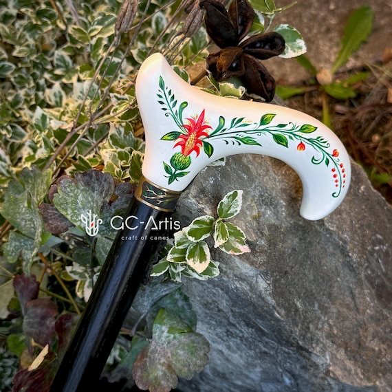 Hand Painted Walking Stick - White Wooden Cane - Aechmea Flower with Classic Derby Style Handle