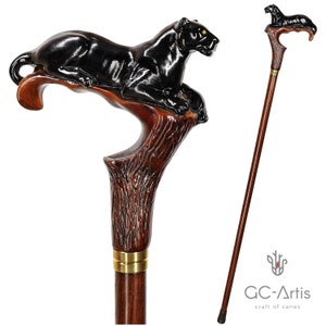 Dark Wooden Walking Cane Stick - Black Panther, Cougar cat, Cool Wood carved cane for men women, stylish gift for her him