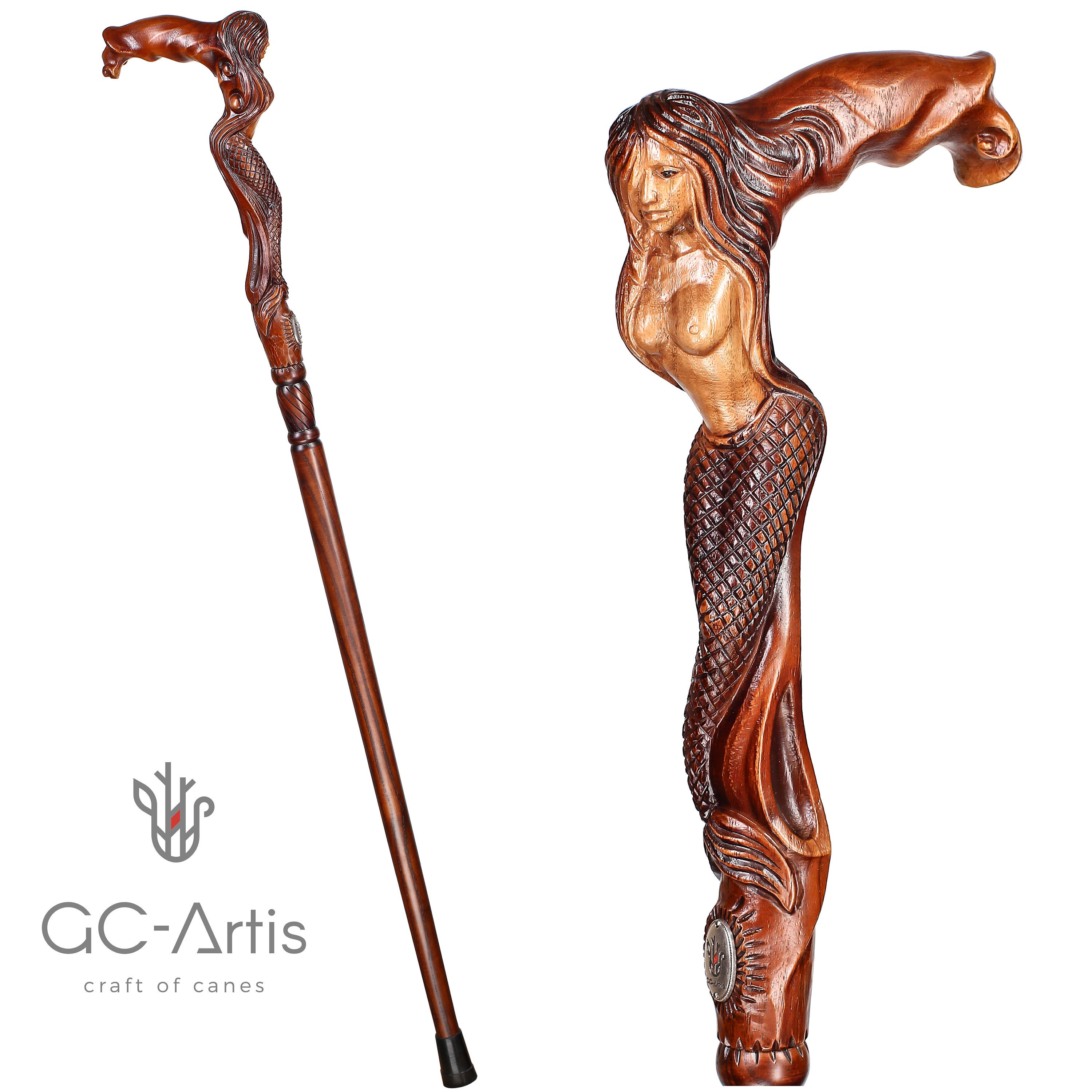 Crying Mermaid Siren Girl Wooden Walking Stick Cane Fantasy