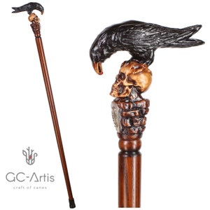 BLACK CROW & SKULL Cane Walking Stick Goth Style Wooden walking cane with hand carved handle Wood crafted handmade cane for men