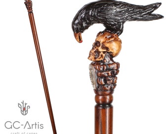 BLACK CROW & SKULL Cane Walking Stick Goth Style Wooden walking cane with hand carved handle Wood crafted handmade cane for men