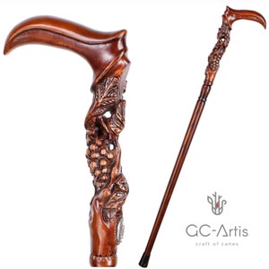 Wooden Walking Cane Stick  Grape & Vines - Rich Engraved Hand carved Crafted Handle Artisan Wood Art Handmade Cane Walking Stick