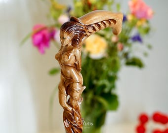 Forest Fairy - Fonderful lady Wooden Walking Cane - Fantasy Magic Myth Walking hiking Stick Hand Carved H men's cane with playful girl art