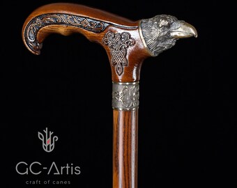 Raven Head Bronze Walking Cane – Goth Style Wooden Walking Stick