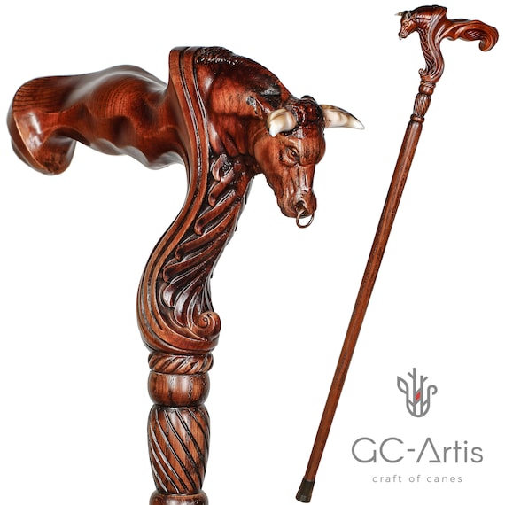 Wooden Ox Bull Cane Walking Stick Ergonomic Palm Grip Handle, Wood Carved  Walking Cane Stick for Men Women Old Elderly Unique Design Art 
