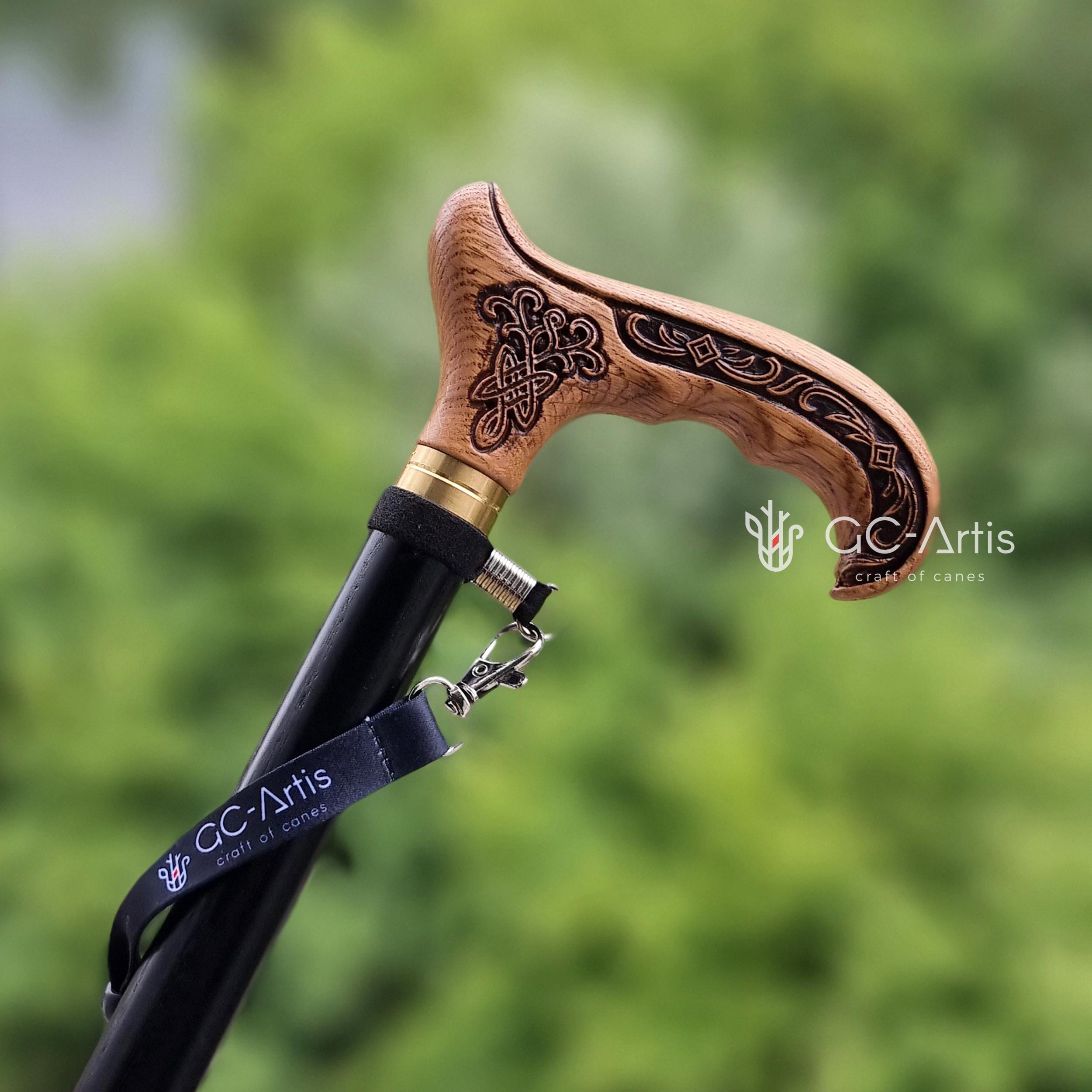 Wooden Cane Walking Stick with Celtic Ornament - Wood Carved Cane Light Comfortable handle & black shaft for man woman all age people