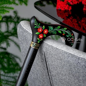 Hand-Painted Camellia Flowers Walking Cane - Black Wooden Derby Style