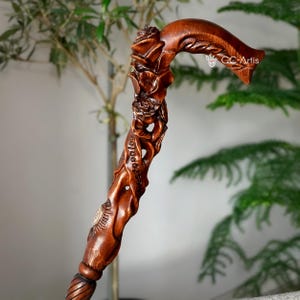 Rose Flower dark wooden Cane Walking Stick - Wood Crafted Hand Carved Designer cane walking stick for women ladies female Fashion Art