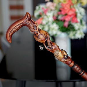 Adam and Eve Walking cane - Paradise Apple & Snake Wooden walking stick, Holy Bible plot, Religion style Christian cane for men women