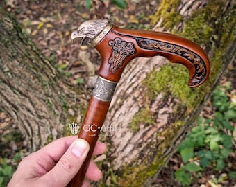 American Eagle Head Walking Cane – Solid Bronze Handle, Carved Ash Wood Shaft