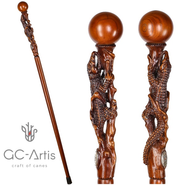 Crocodile Alligator Wooden Walking Hiking Stick Cane Staff Trekking Pole - Wood crafted Hand made carved Ball Knob Handle Cane walking stick