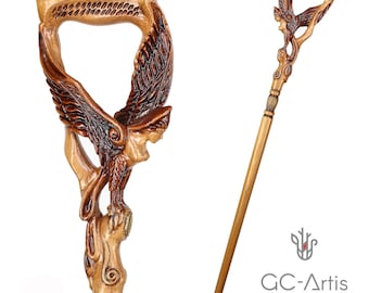 Paradise Bird walking stick Cane - Winged Breast woman, Fantasy Siren Myth Wooden Walking Cane for man, hand carved comfortable handle