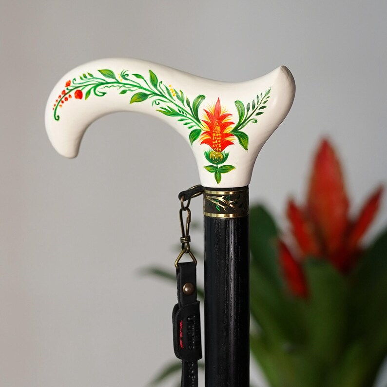 Bastón pintado a mano - Bastón de madera blanca - Flor de Aechmea con mango clásico estilo Derby imagen 2