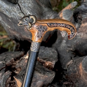 Ram Skull Bronze Walking Cane Stick - hand carved handle with Celtic ornament and metal black wooden shaft for men gentleman